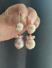 Load image into Gallery viewer, Large Peach-Pink Rainbow Freshwater Pearl Earrings with Gems