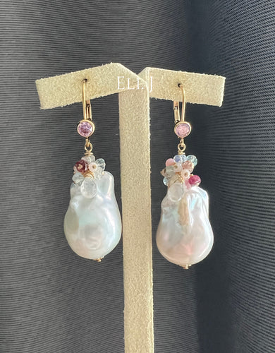 Ivory Baroque Pearls, Pink Tourmaline, Gems 14kGF Earrings