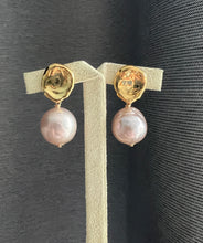 Load image into Gallery viewer, Large Champagne Peach-Pink Roundish Edison Pearls Gold Tab Earrings