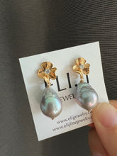 Load image into Gallery viewer, Large Silver Pearls on Floral Gold Earring Studs