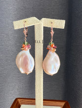 Load image into Gallery viewer, Large Peach Flat Baroque Pearls Gems 14kRGF Earrings