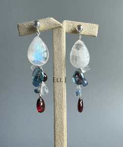 Rainbow Moonstone, London Blue Topaz, Garnet, Tanzanite 925 Sterling Silver Earrings