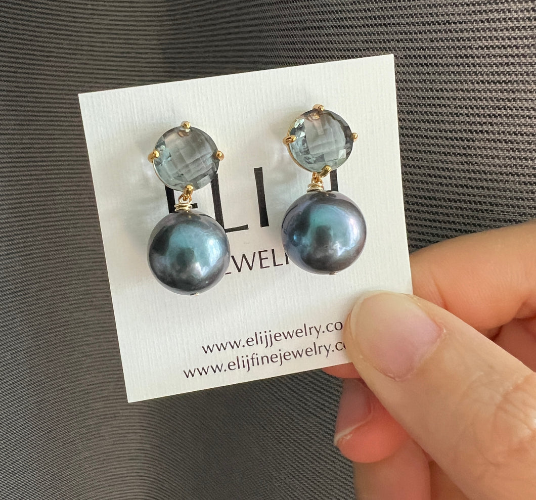 Large Black Freshwater Pearls, Grey Glass Stud Earrings
