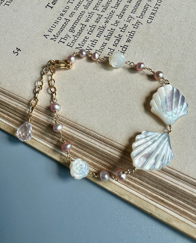 Treasure: Mother of Pearl Shells & Roses, Pearls 14KGF Bracelet
