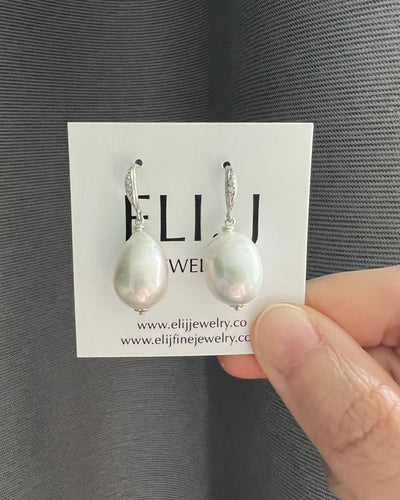 Large Ivory Pearls, Zirconia Silver Earrings