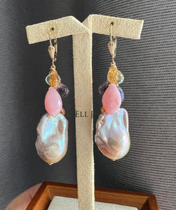 Purple-Pink-Rainbow Baroque Pearls & Gemstones 14KGF Earrings
