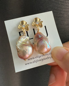 Peach-Rainbow Baroque Pearl Earrings 14KGF