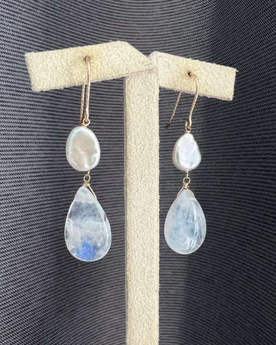 Rainbow Moonstone, Keshi Pearls 14kGF Earrings
