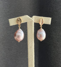Load image into Gallery viewer, Large Pink-Rainbow Edison Pearls, Gold Leaf Earrings