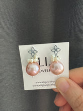 Load image into Gallery viewer, Large Pink Pearls, Ivory Baby Pearls Silver Fleur de Lis Earrings