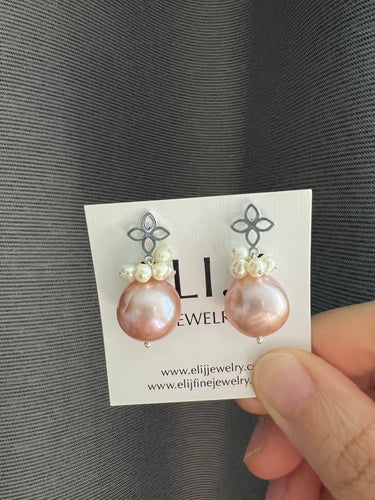 Large Pink Pearls, Ivory Baby Pearls Silver Fleur de Lis Earrings