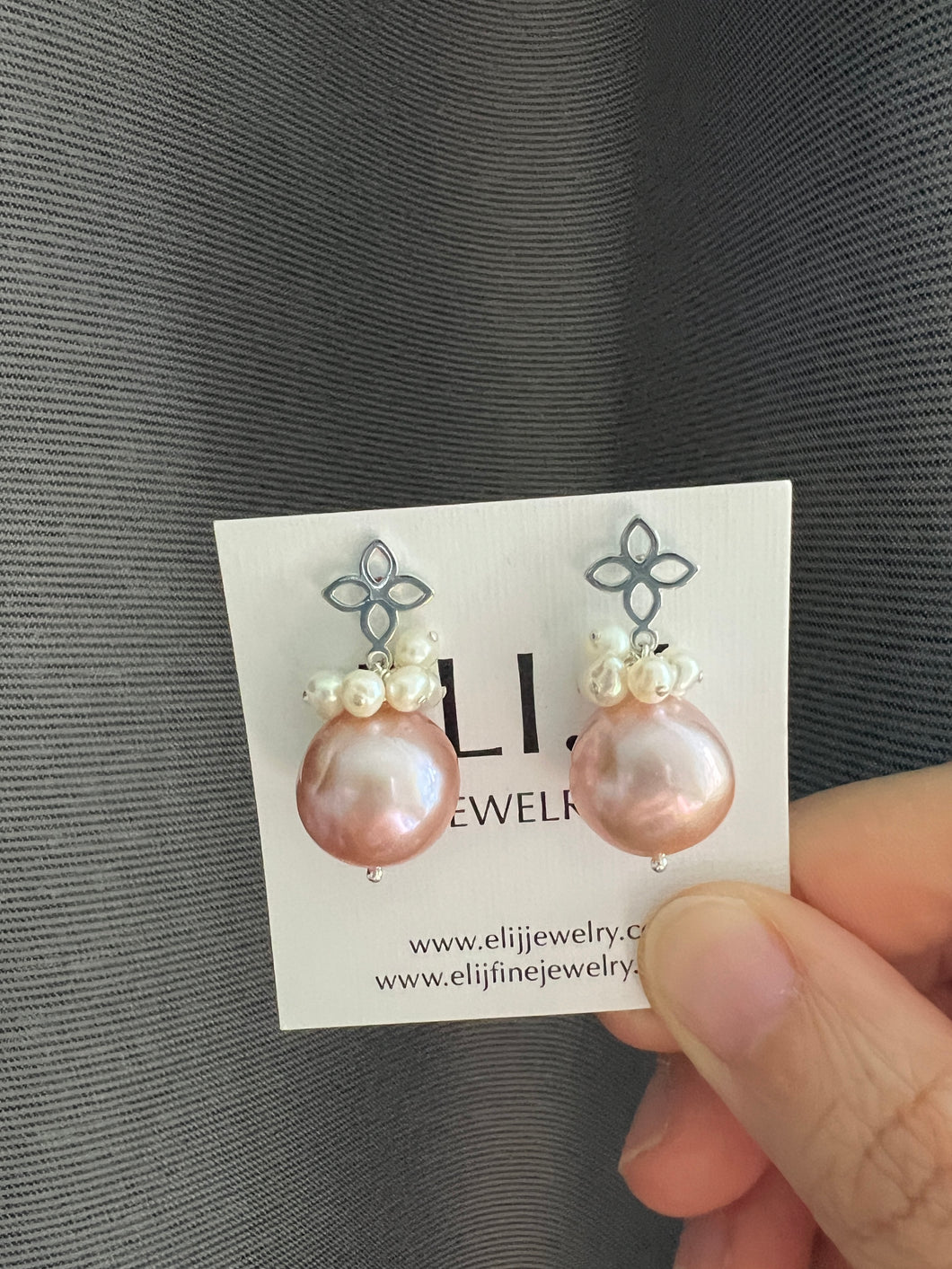 Large Pink Pearls, Ivory Baby Pearls Silver Fleur de Lis Earrings