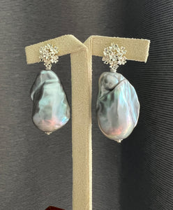 Large Silver-Rainbow Baroque Pearls Silver Bouquet Studs