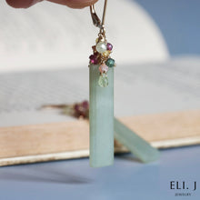 Load image into Gallery viewer, [Signature] Green Type A Burmese Jade Bars, 0.6ct of Silver Diamonds, Yellow Sapphire, Gemstone Earrings