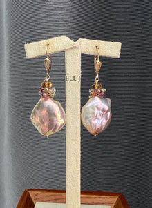 Rainbow Pink Flat Baroque Pearls Gems 14kGF Earrings