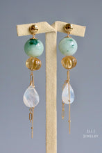 Load image into Gallery viewer, Large Type A Burmese Green-White Jadeite Balls, Citrine 14KGF Dangle Earrings