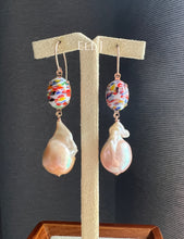 Load image into Gallery viewer, Peach Baroque Pearls, Vtg Rainbow Glass Gems 14kRGF Earrings