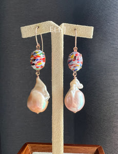 Peach Baroque Pearls, Vtg Rainbow Glass Gems 14kRGF Earrings