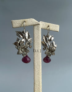 Vintage Silver Leaves, Ruby 925 Sterling Silver Earrings