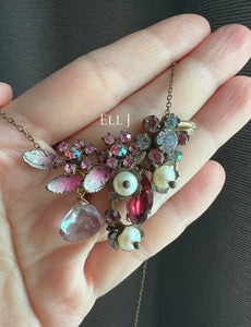 Vintage Enamel & Rhinestone Brooch, Pink Amethyst and Pearls Necklace