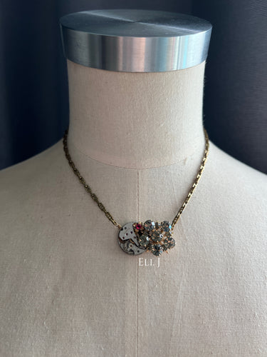 Dogma Watch Movement, 40-50s Rhinestone Flower, Vintage Necklace
