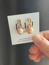 Load image into Gallery viewer, Peach Pearls, Gemstones Gold Leaf Earring Studs