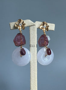 Type A Burmese Lavender Jadeite, Watermelon Tourmaline Slices 14KGF Earrings