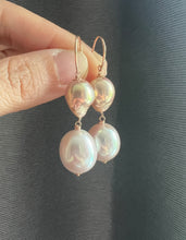 Load image into Gallery viewer, [RARE] Golden-Peach Rainbow &amp; Large Ivory Edison Pearls 14KRGF Earrings