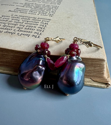 Peacock Baroque Pearls, Ruby 14KGF Earrings