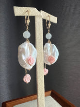 Load image into Gallery viewer, XL Ivory Keshi Pearls, Icy Jadeite, Conch Shell Roses, 14KGF Earrings