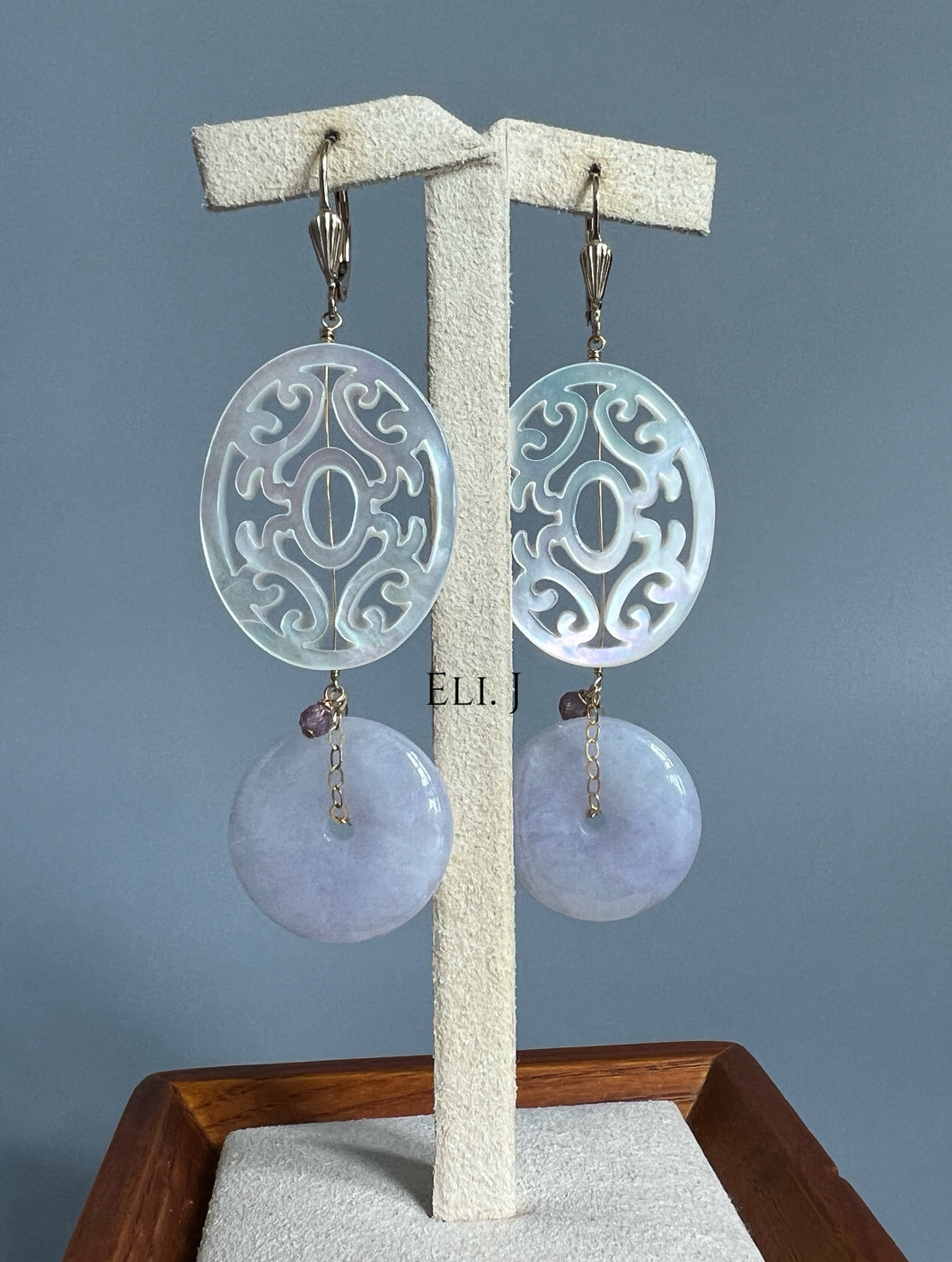 Type A Burmese Intense Lavender Jadeite, MOP 14KGF Earrings