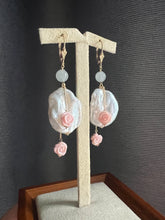 Load image into Gallery viewer, XL Ivory Keshi Pearls, Icy Jadeite, Conch Shell Roses, 14KGF Earrings