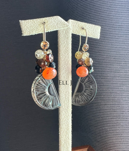Smoky Quartz “Orange”, Tourmaline, Carnelian 14KGF Earrings