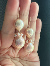 Load image into Gallery viewer, Large Peach-Pink Rainbow Freshwater Pearl Earrings with Gems
