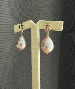 Large Pink-Rainbow Edison Pearls, Gold Leaf Earrings