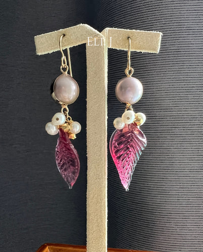 Vintage Pink Glass Leaves, Pearls 14kGF Earrings