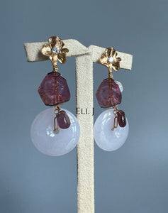 Type A Burmese Lavender Jadeite, Watermelon Tourmaline Slices 14KGF Earrings