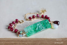 Load image into Gallery viewer, [EXCLUSIVE] Type A Burmese Dark Green Jadeite Bar, Ruby, Opal 14KGF Bracelet