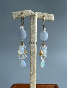 Type A Burmese Lavender Jadeite, Ethiopian Opal, Rainbow Moonstone 14KGF Earrings