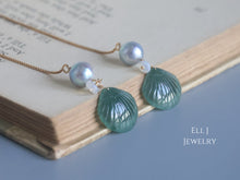 Load image into Gallery viewer, Type A Burmese Green Jadeite Shells, Japanese Akoya Pearls 14KGF Threader Earrings