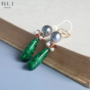 [Signature] Dark Green Jadeite Drops, Tahitian Pearls, Gemstone Earrings