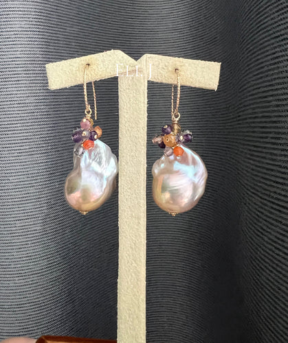 Purple-Peach Baroque Pearls, Amethyst, Carnelian 14kGF Earrings
