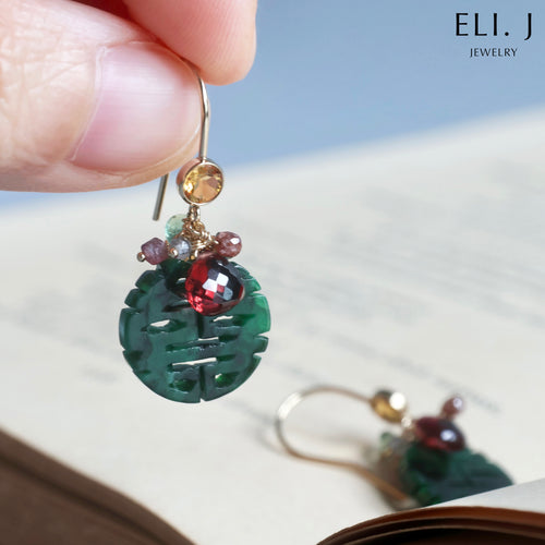 [Signature] 喜喜 Double Happiness Dark Green Type A Burmese Jade, Red Diamonds, Gemstone Earrings
