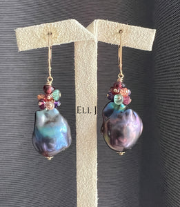 Peacock Baroque Pearls with Rainbow Gems 14KGF Earrings