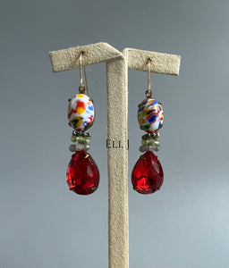 Vintage Colorful & Red Glass Gems, Gemstones 14kGF Earrings