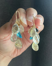 Load image into Gallery viewer, Golden Rutile, Swiss Blue Topaz, Blue Sapphire 14KGF Earrings