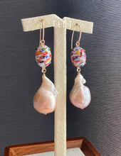 Load image into Gallery viewer, Peach Baroque Pearls, Vtg Rainbow Glass Gems 14kRGF Earrings