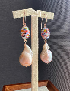 Peach Baroque Pearls, Vtg Rainbow Glass Gems 14kRGF Earrings
