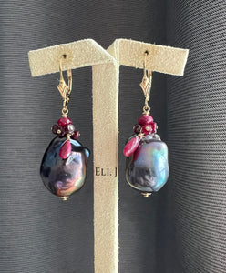 Peacock Baroque Pearls, Ruby 14KGF Earrings