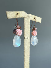 Load image into Gallery viewer, Rainbow Moonstone, Pink Shell Roses, Gems 14KRGF Earrings